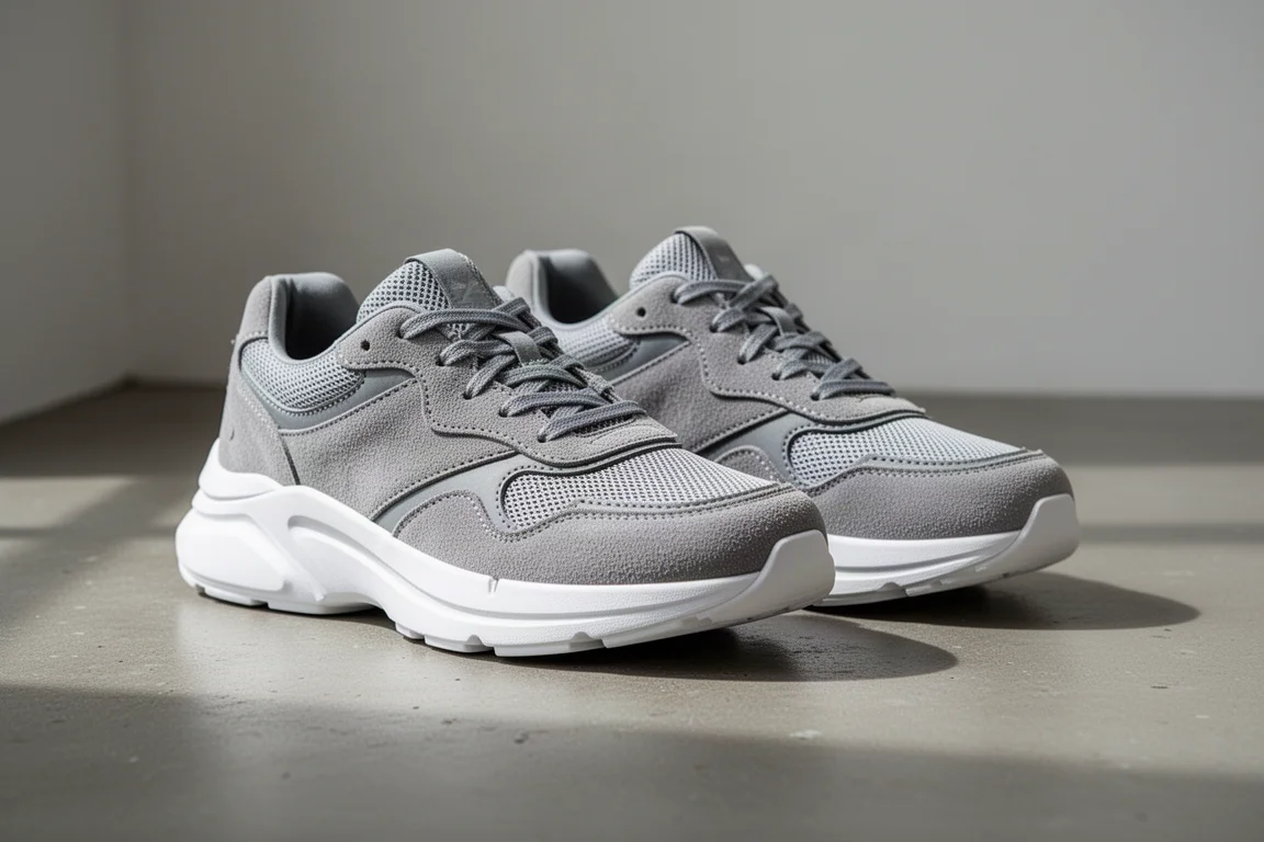 Pair of grey suede lifestyle running shoes with thick white midsoles on concrete