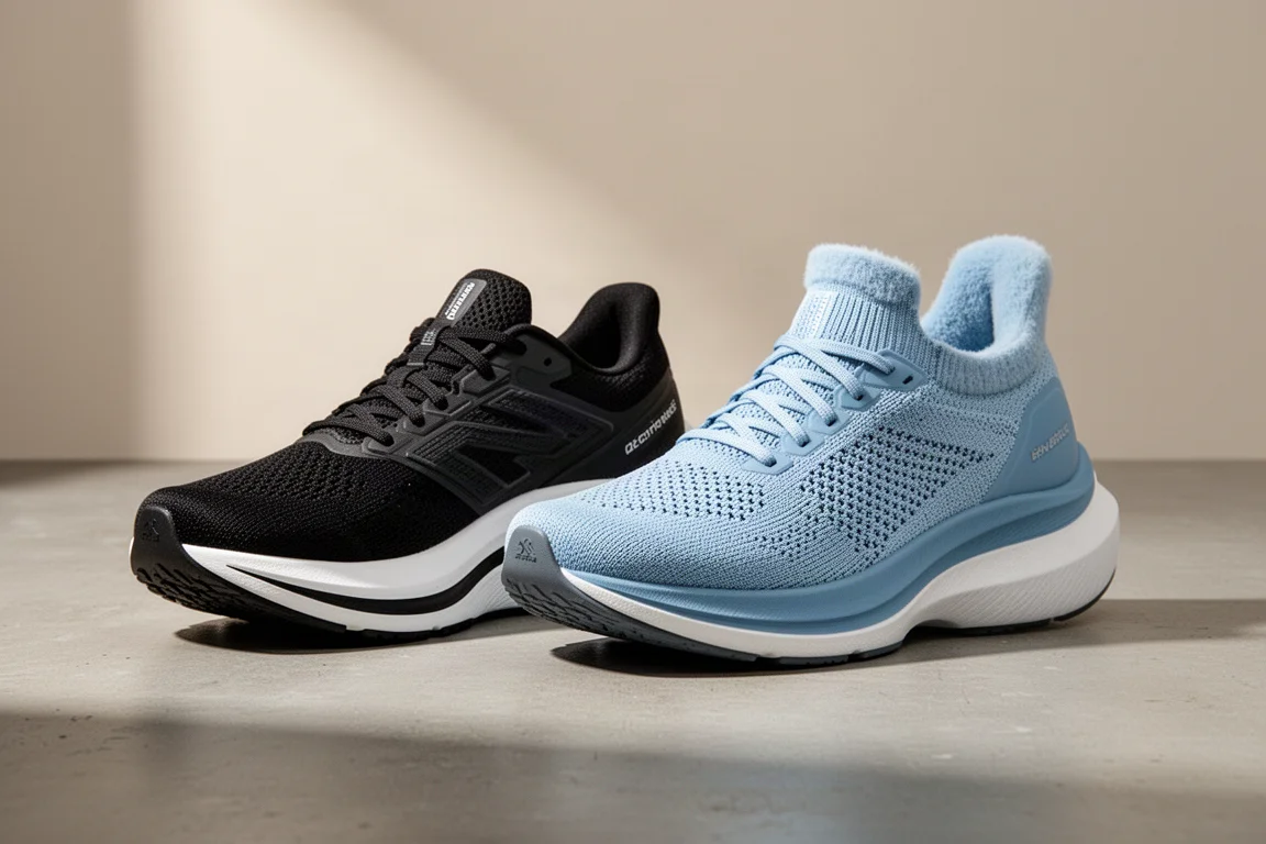 Scarpe da running max-cushion Brooks Ghost Max e ASICS Gel Nimbus 25 affiancate su cemento