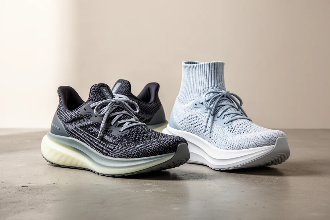 Brooks Ghost Max and Asics Gel Nimbus 26 running shoes side by side on concrete