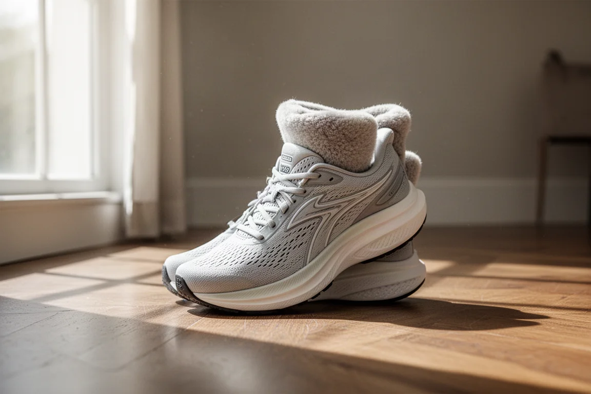 ASICS Nimbus 26 風格的柔軟訓練鞋,放在窗邊的木地板上