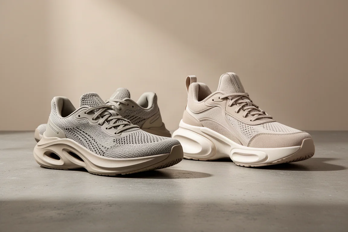 Two cushioned running shoes side by side on a matte concrete surface