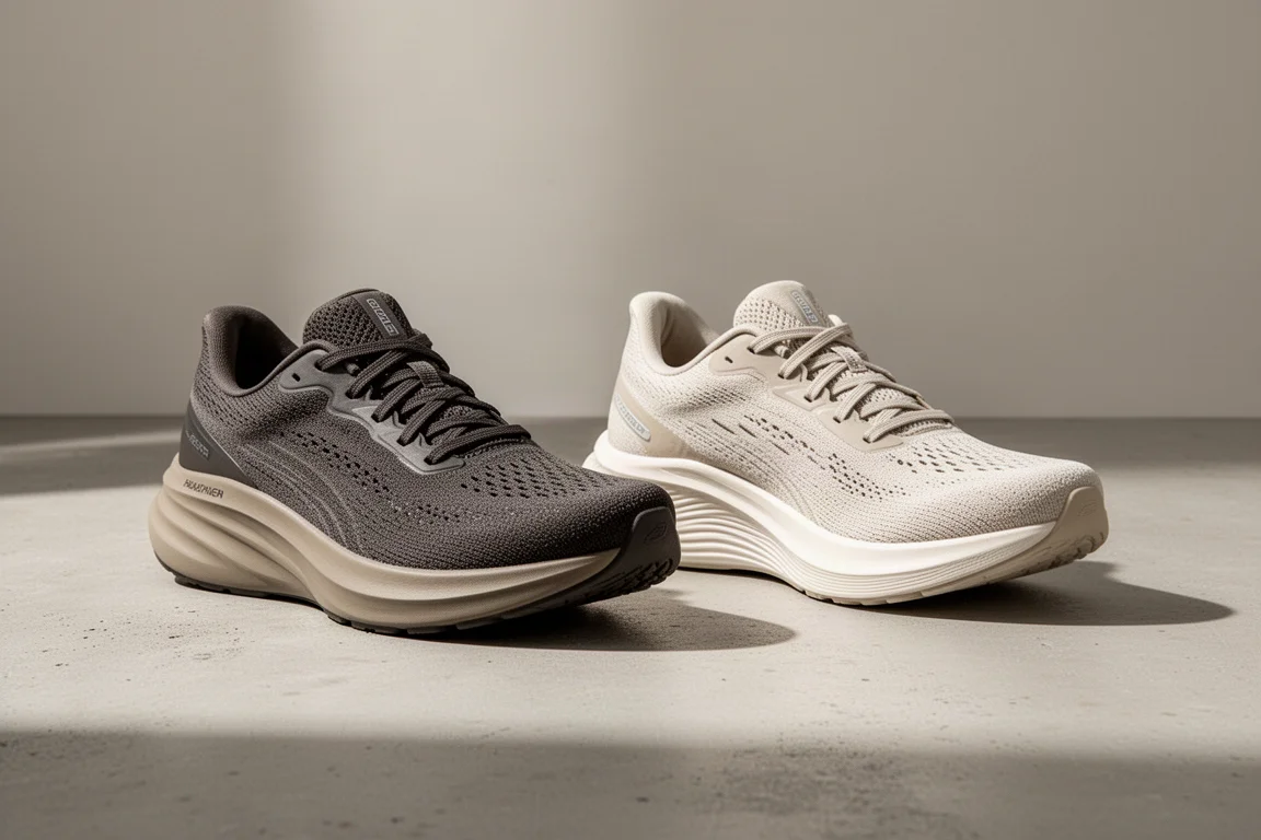 Brooks Ghost Max and Hoka Clifton 9 running shoes side by side on concrete