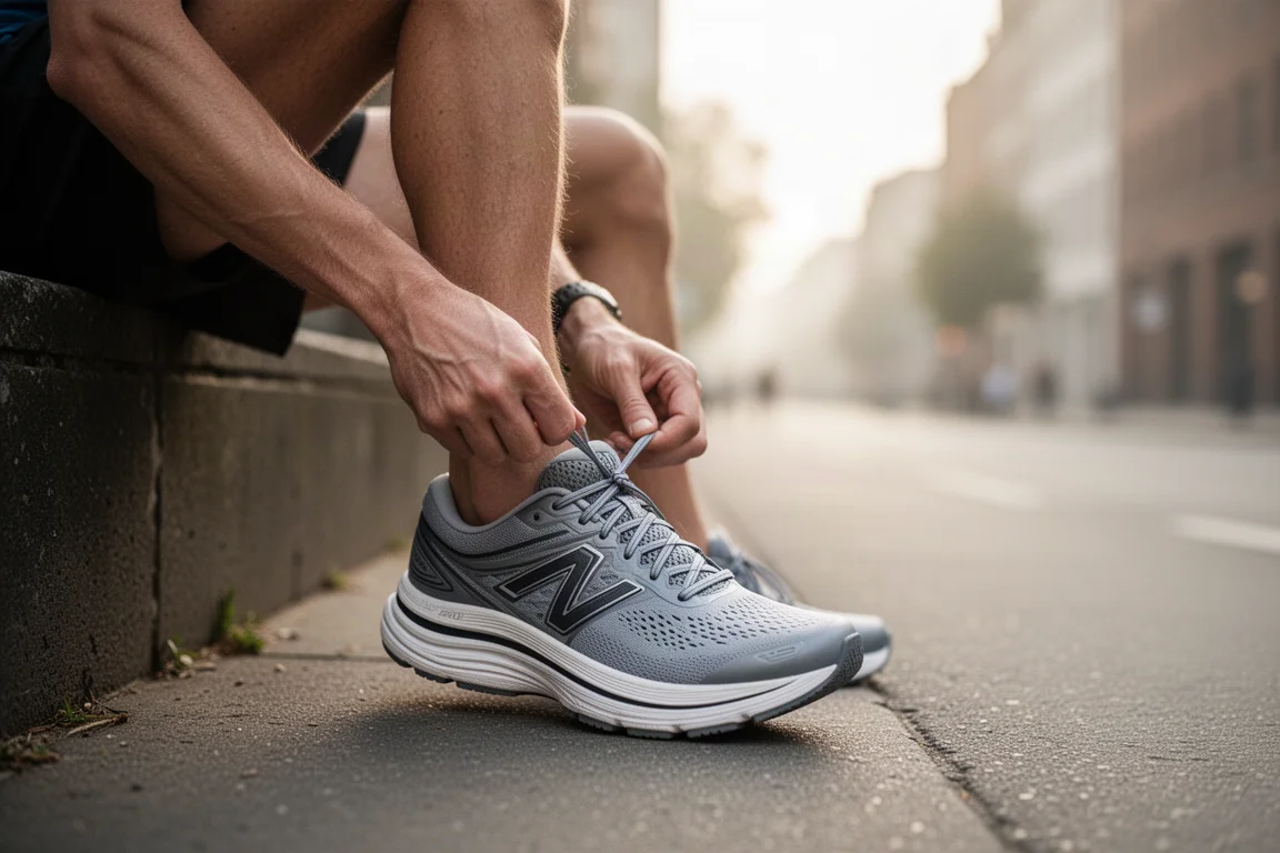 Runner lacing up a big-stack cushioned trainer on a quiet city street