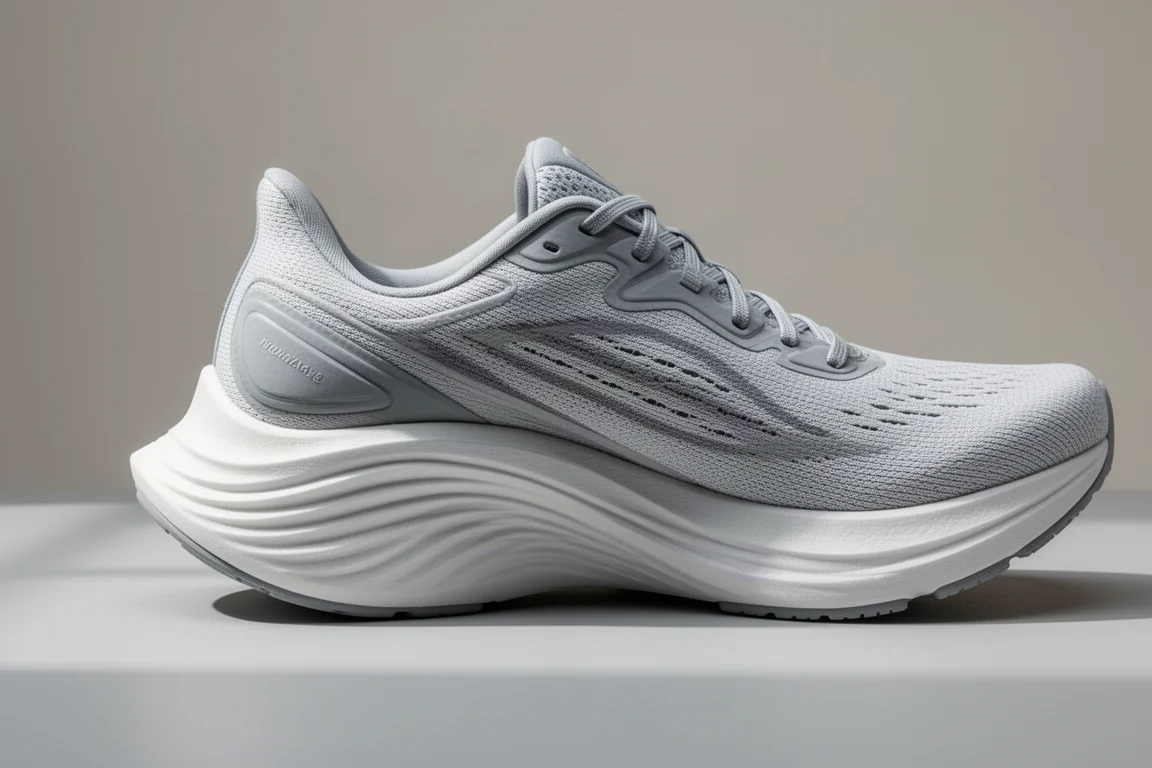Close-up of a thick midsole rocker curving from heel to toe