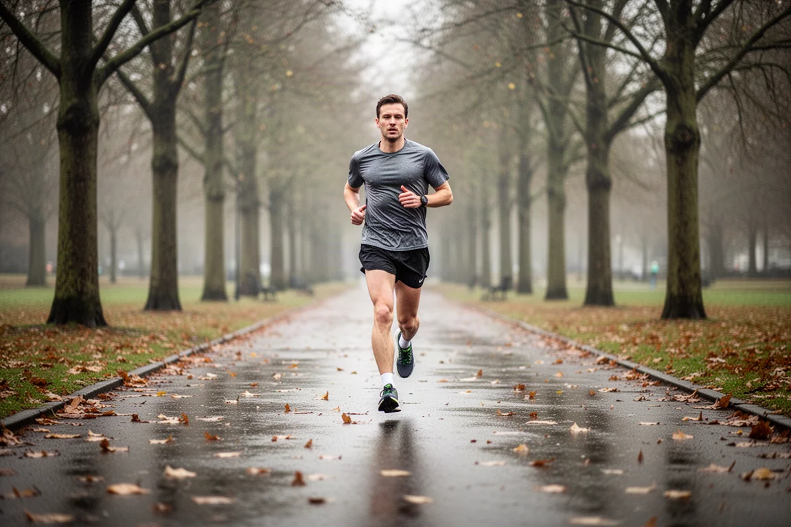 Runner jogging an easy pace along a wet tree-lined park path
