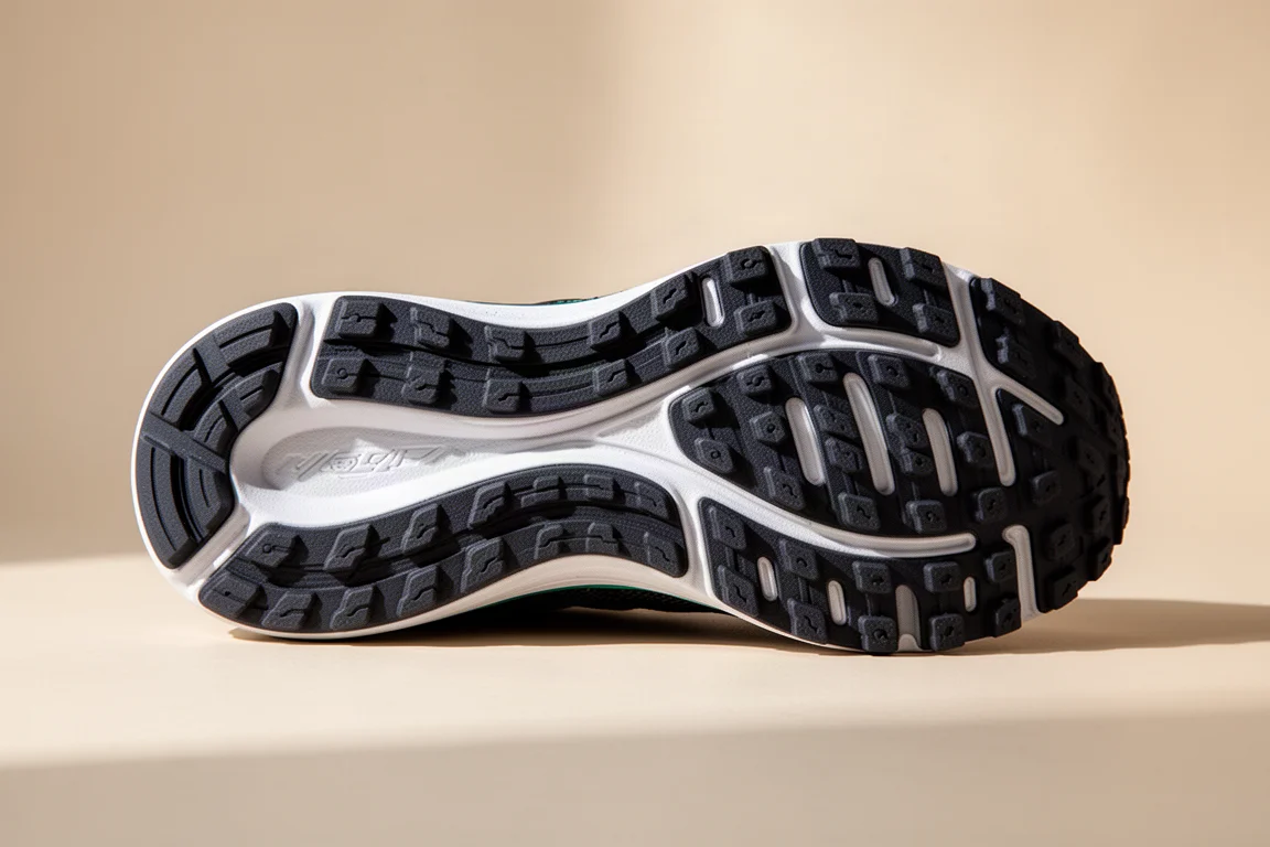 Close-up of a thick rubber outsole tread pattern on a running shoe