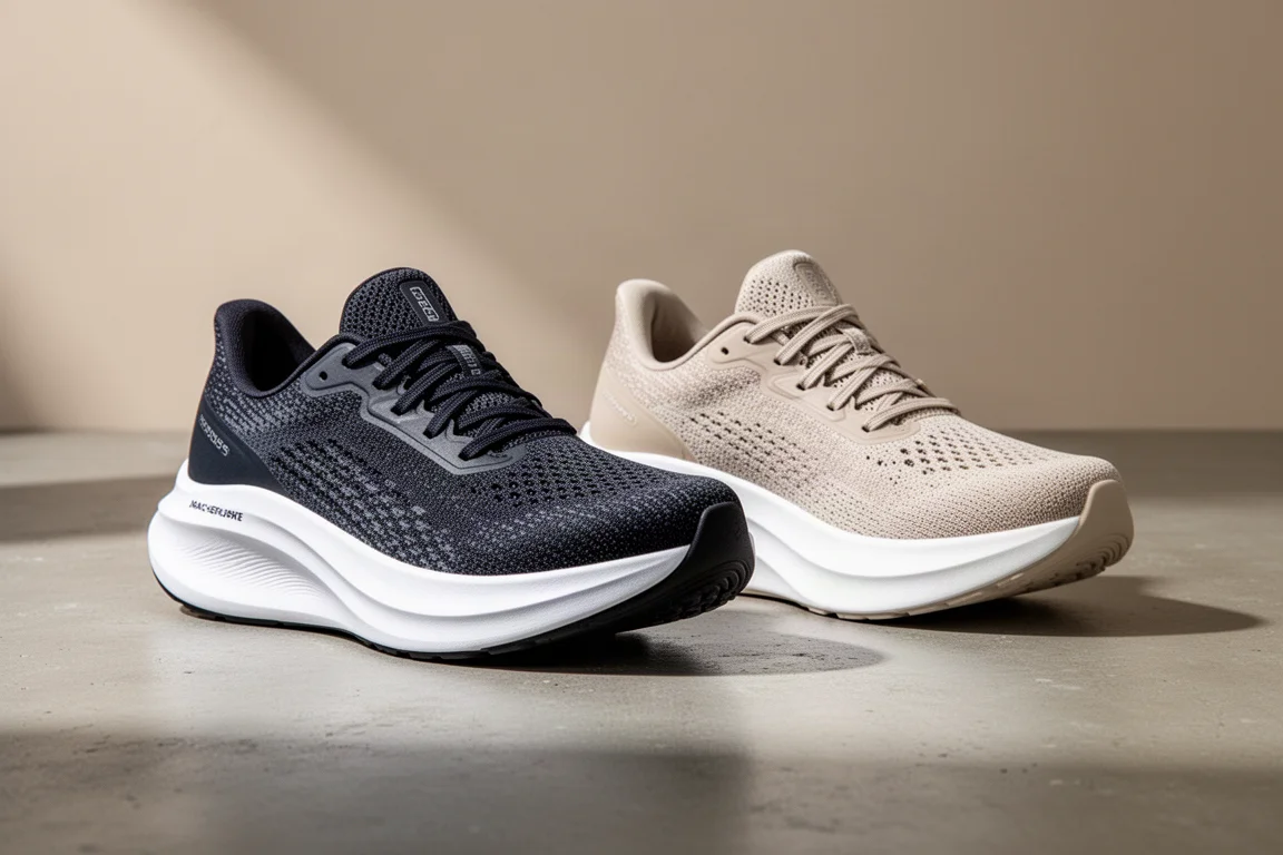 Brooks Ghost Max and New Balance 1080 v13 running shoes side by side on concrete