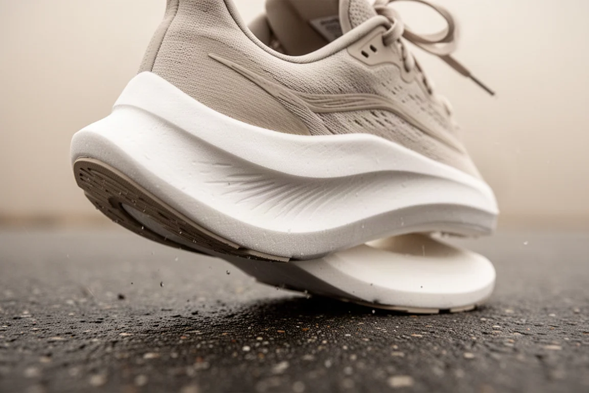 Close-up van de dikke foam-tussenzool en rocker-zoolgeometrie van een hardloopschoen voor de weg
