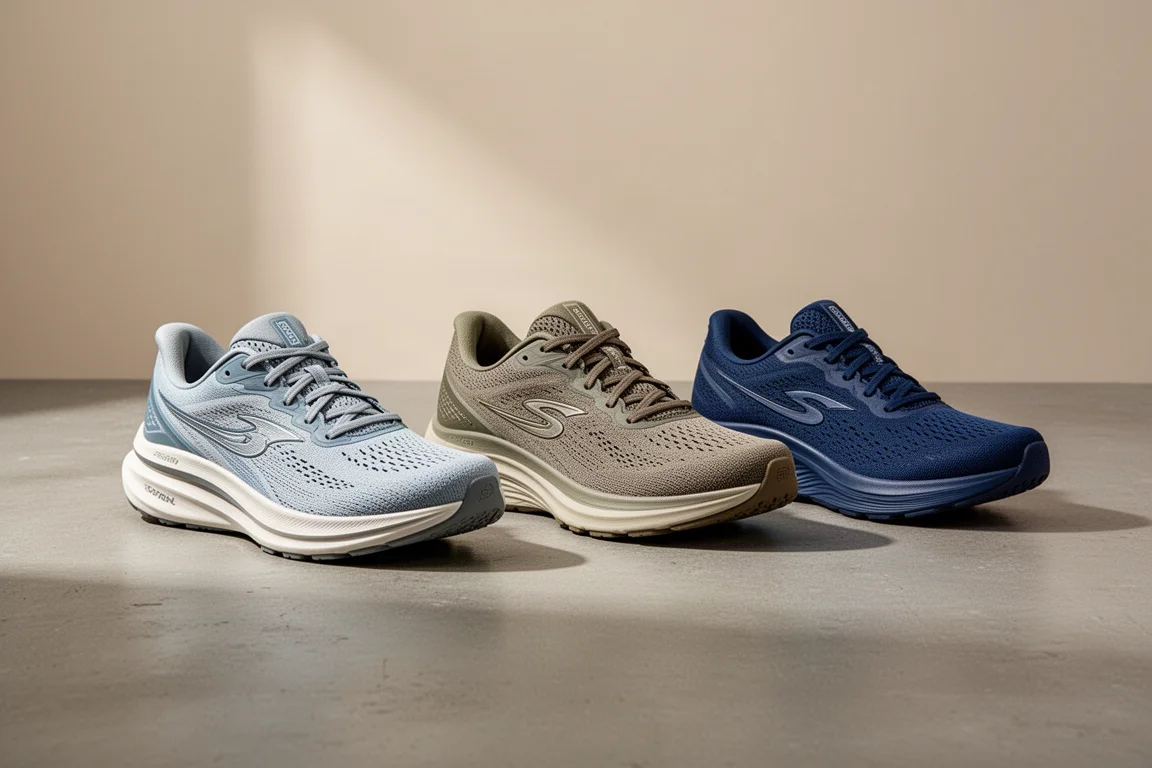 Three cushioned road running shoes side by side on a concrete surface