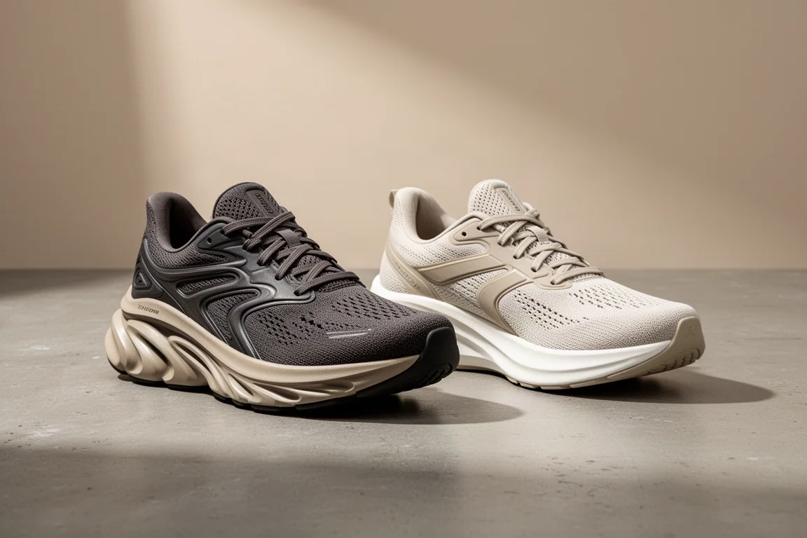 Brooks Ghost Max and Saucony Ride 17 running shoes side by side on concrete