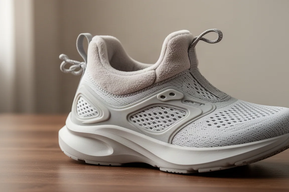 Close-up of a padded running shoe collar and cord heel loop detail