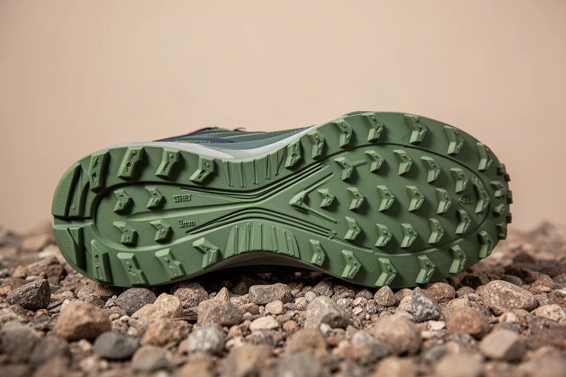 Lugged rubber outsole of a trail running shoe resting on rocky ground