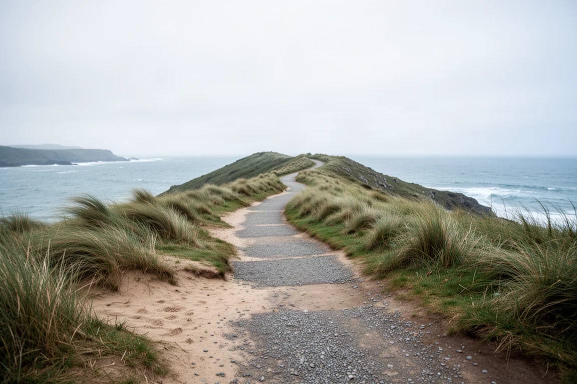Coastal trail path winding through grassy headland under overcast skies