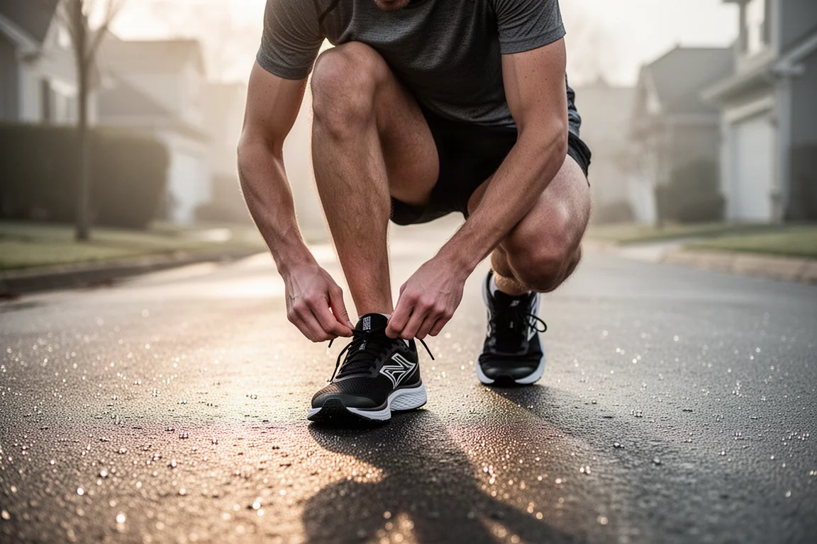 Hardloper die de veters van een neutrale daily trainer strikt op een rustige ochtendstraat