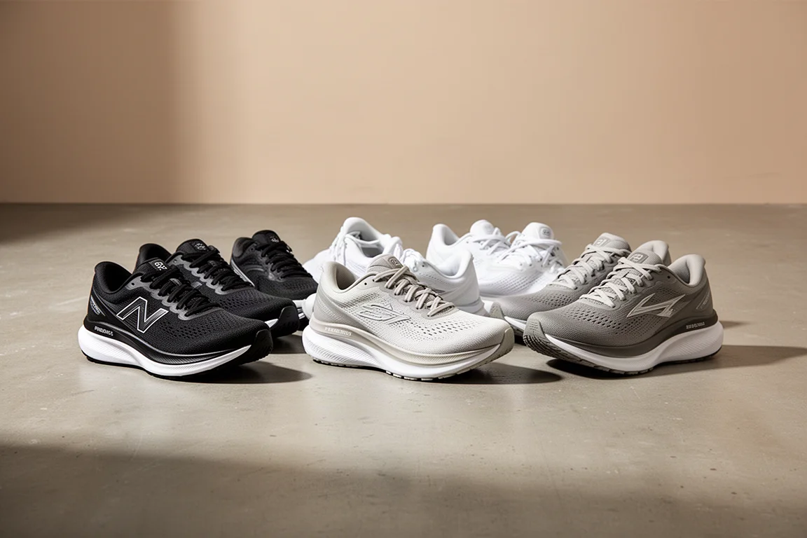 Six running shoes arranged in two rows on a concrete floor