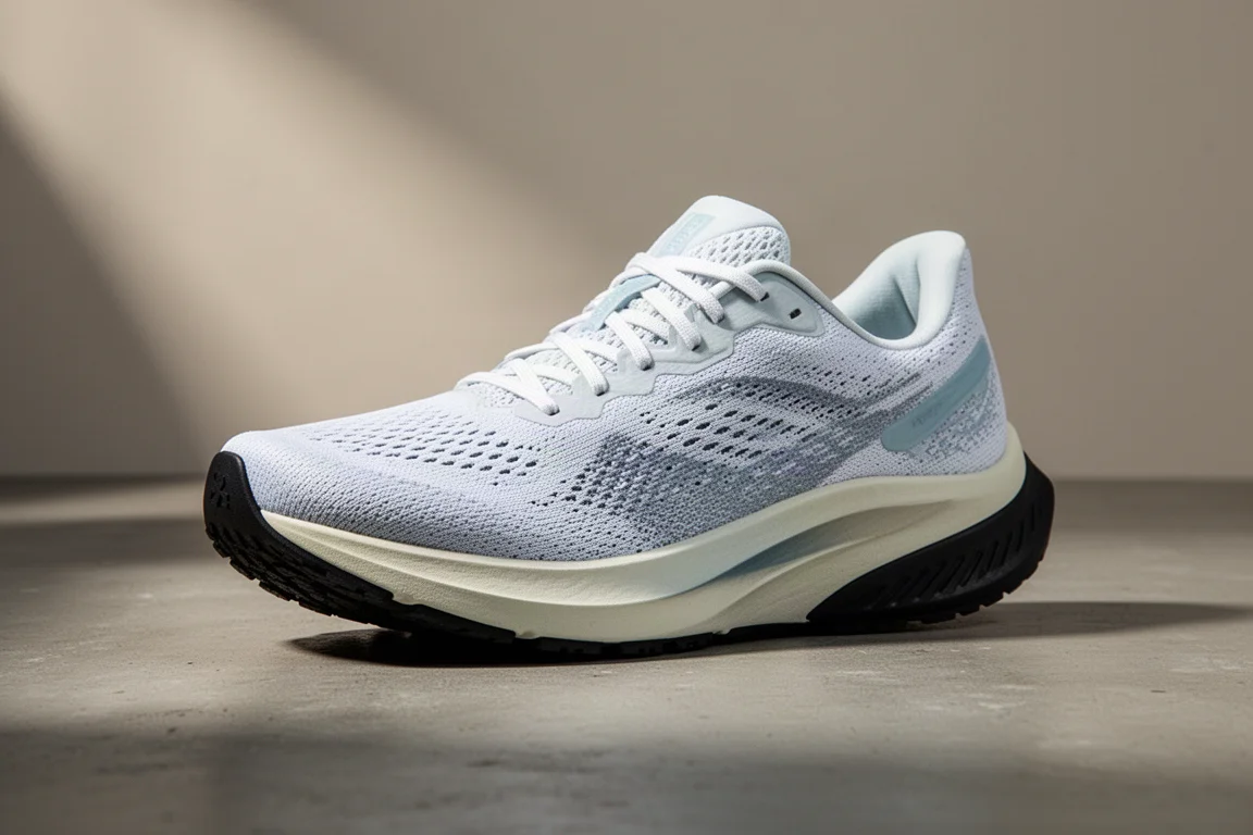 Premium white road running shoe with thick pale midsole on matte concrete