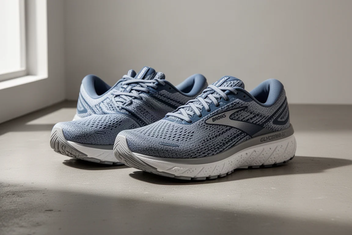 Pair of Brooks Glycerin 20 cushioned running shoes on a concrete surface