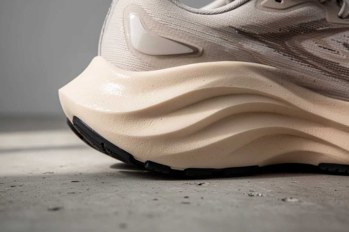 Primissimo piano della densa schiuma modellata dell'intersuola di una scarpa da running