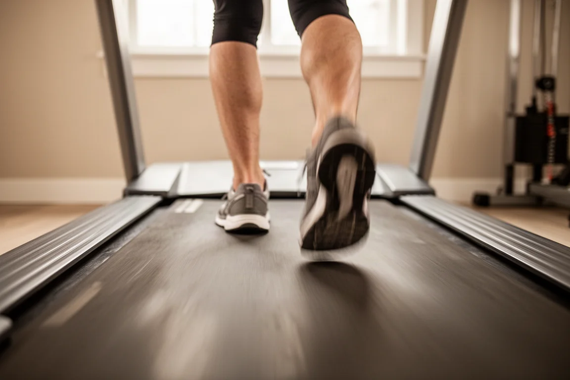 Piedi di un runner a metà falcata su un tapis roulant in una stanza dalla luce soffusa