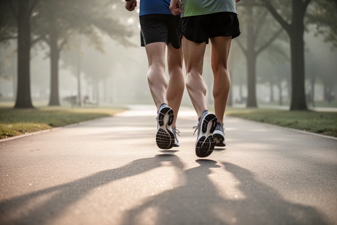 Un runner che cammina su un viale asfaltato nella soffusa luce del mattino