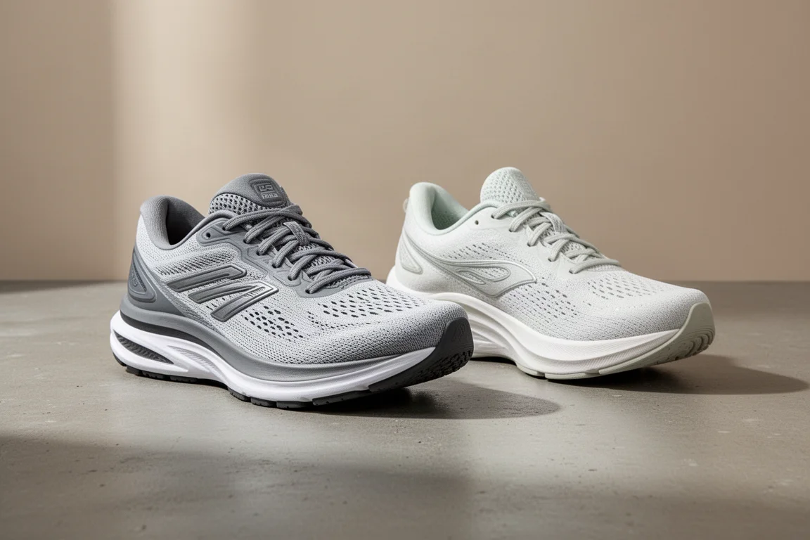 Two Brooks running shoes side by side on a matte concrete surface