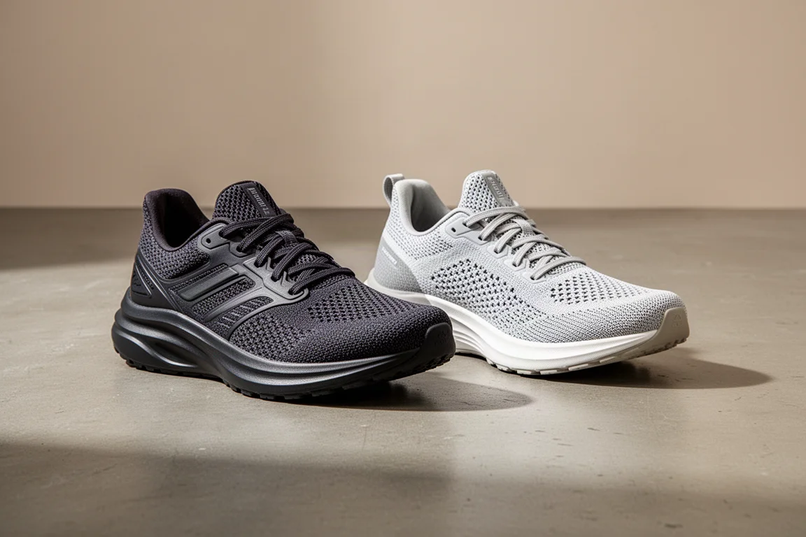 Two cushioned running shoes side by side on a concrete studio floor
