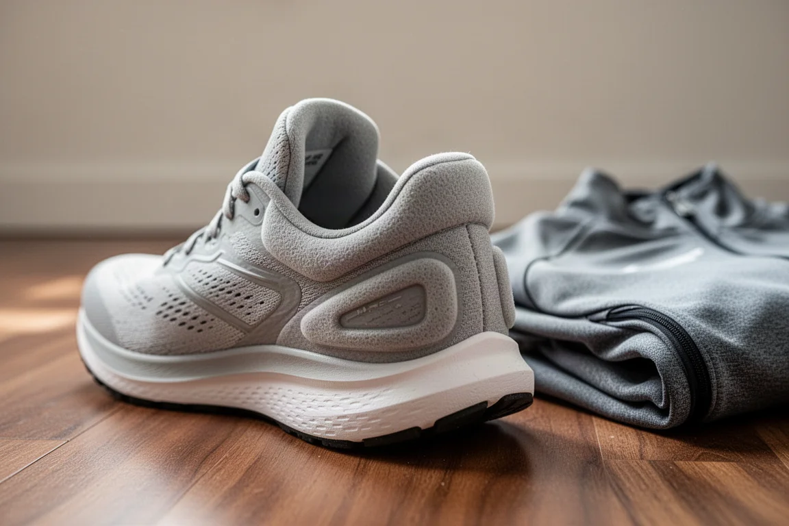 Runner stepping into a plush, heavily padded running shoe heel collar