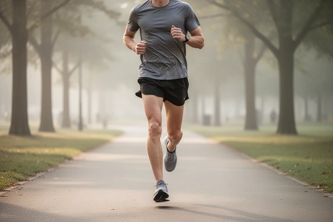 Runner cruising along an easy jog on an empty paved path