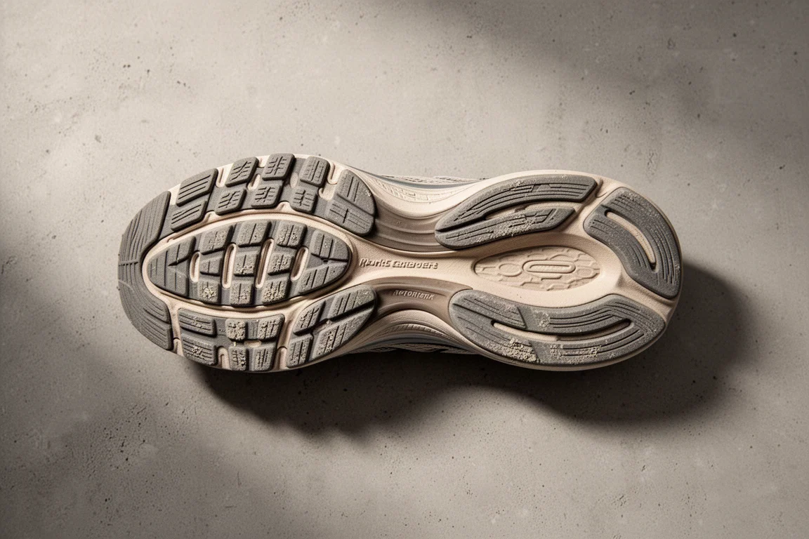 Rubber outsole coverage of a running shoe shown in detail on concrete
