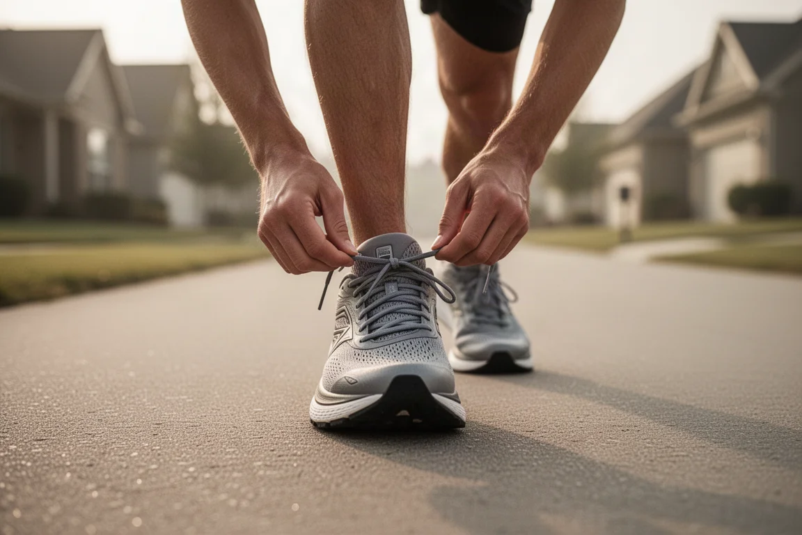 Hardloper strikt de veters van een dempende hardloopschoen op een rustige suburbanstraat