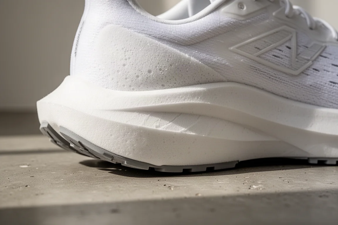 Close-up van een met stikstof verrijkte foam tussenzool op de buitenzool van een hardloopschoen