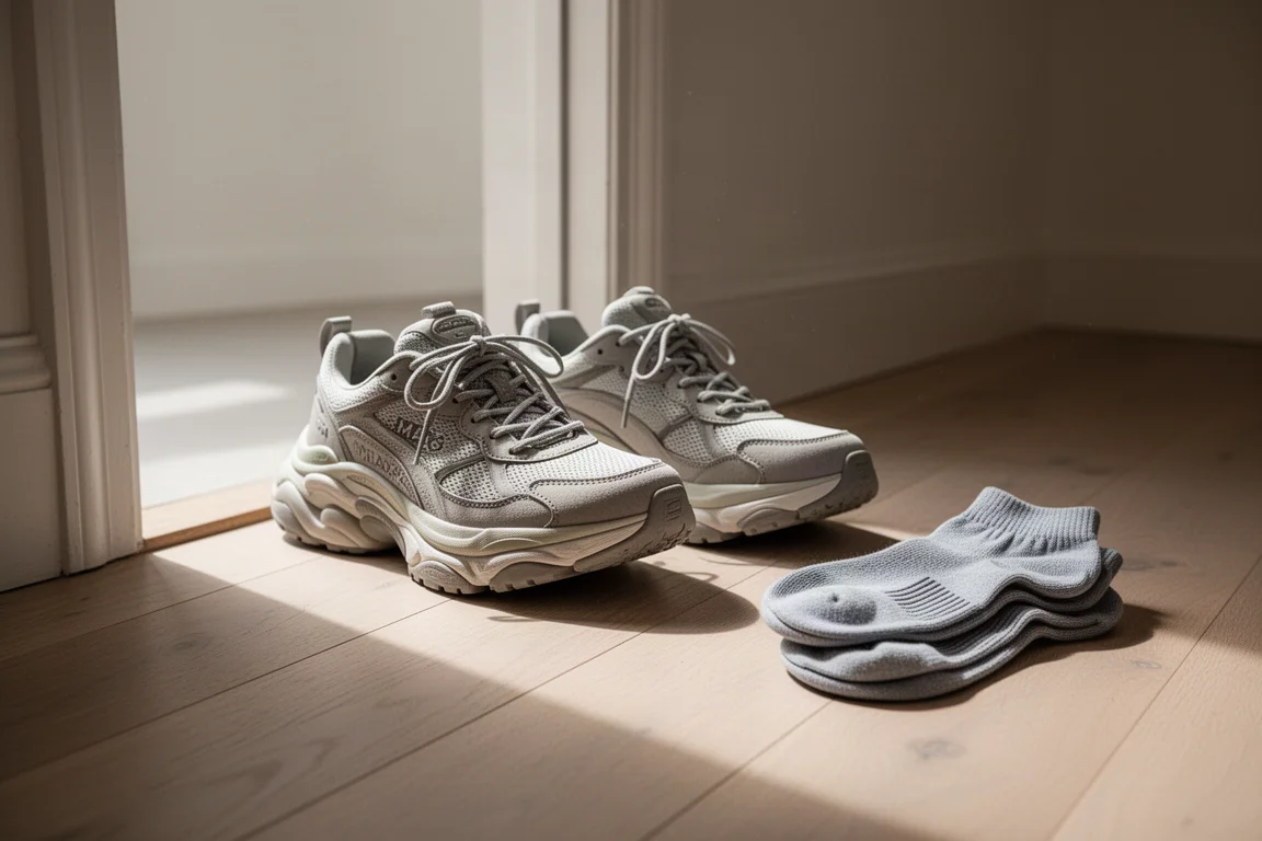 Twee hardloopschoenen naast elkaar op een houten vloer voor een loopronde