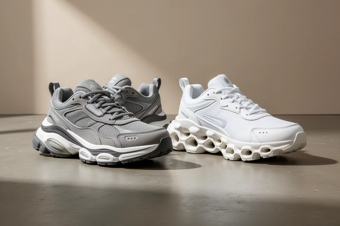 Brooks Glycerin 20 and On Cloudmonster running shoes side by side on concrete