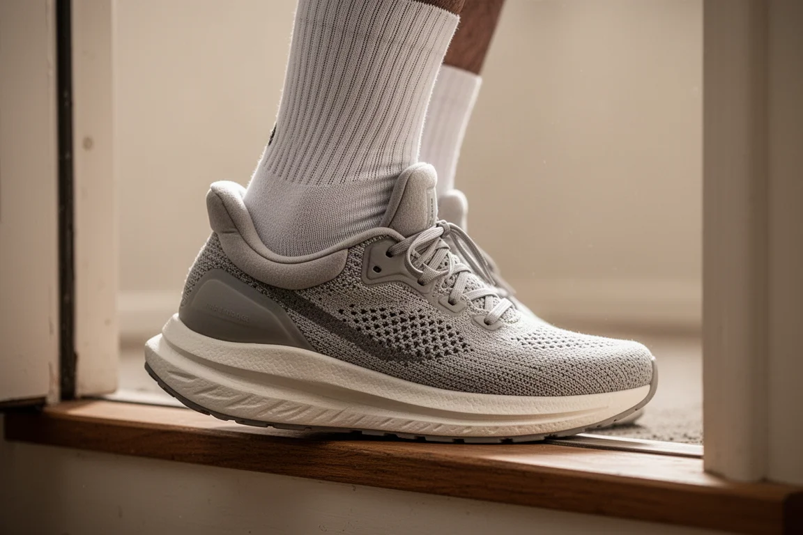 Corredor atándose los cordones de una zapatilla acolchada en el umbral antes de un trote suave