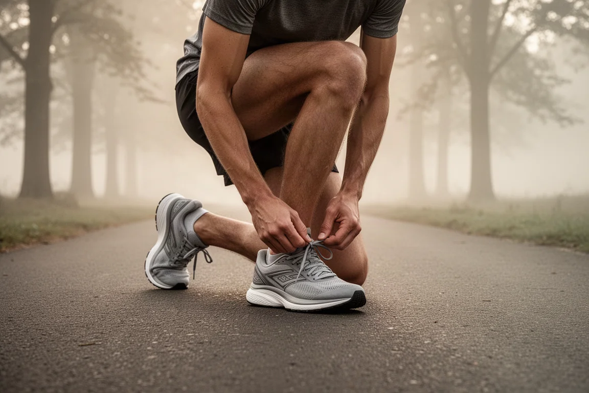 Una scarpa da running bianca e grigia allacciata su un portico al mattino presto con il sole