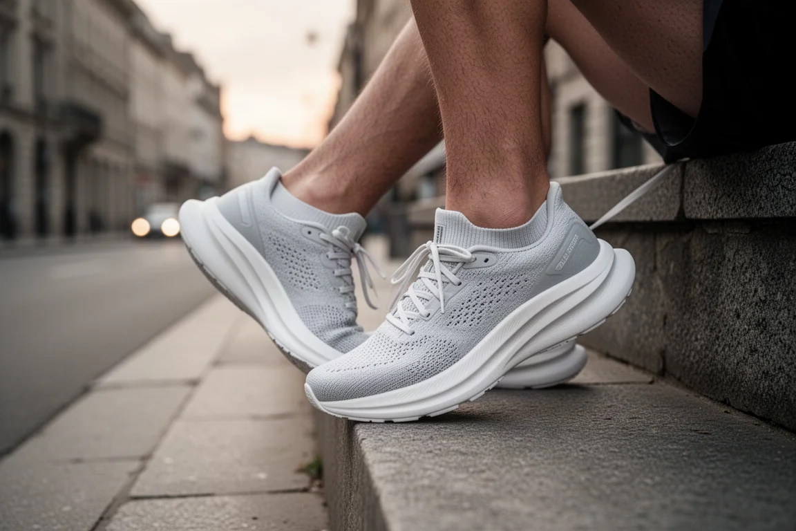 Läufer schnürt bei Morgendämmerung auf einem Bürgersteig einen plushen Max-Cushion-Straßenlaufschuh