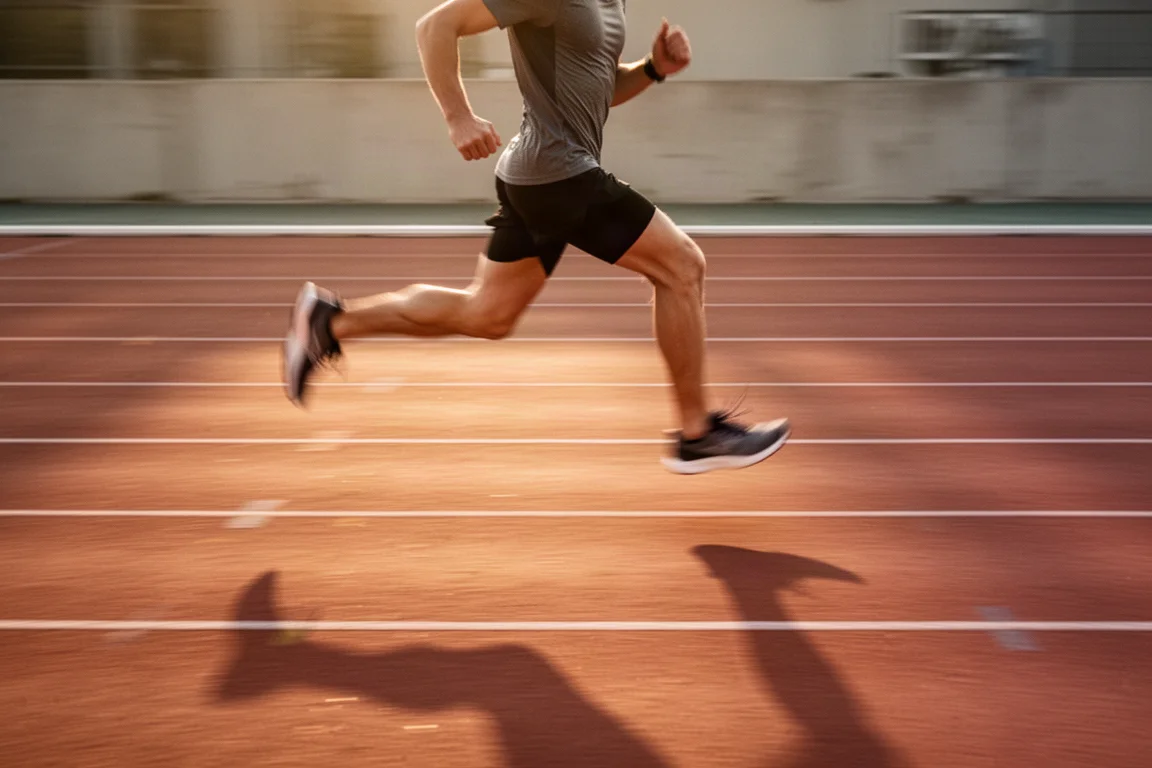 Läufer absolviert eine Intervalleinheit bei Sonnenaufgang auf einer leeren Leichtathletikbahn