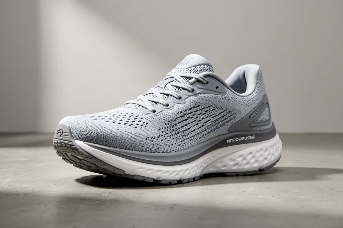 Max cushion running shoe with thick white midsole on a concrete surface