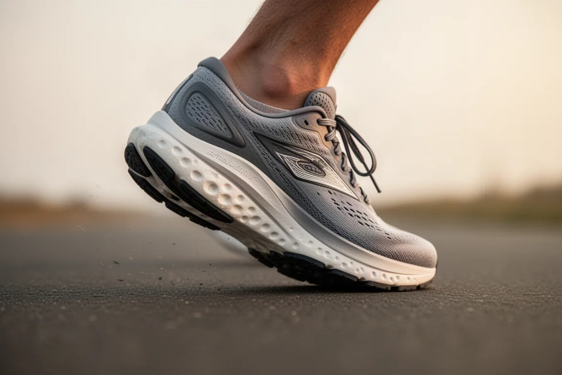 Entressola do tênis flexionando levemente durante uma corrida longa em asfalto liso