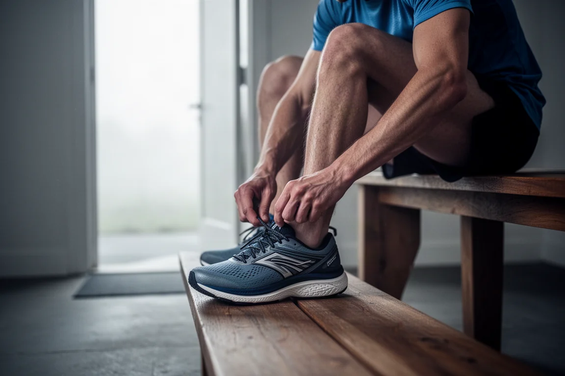 Läufer schnürt einen gedämpften Laufschuh vor einem lockeren Morgentraining