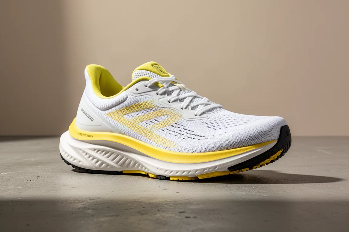 White and yellow max cushion running shoe on a matte concrete surface