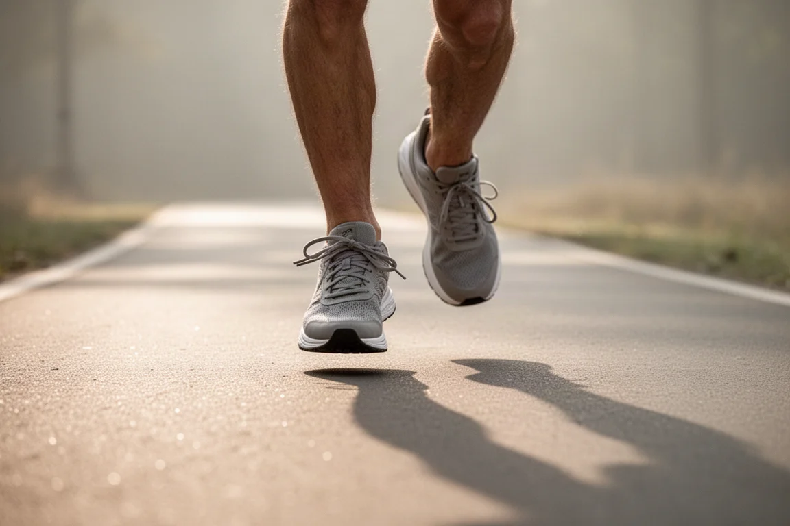 Primer plano de una mediasuela gruesa y amortiguada de una zapatilla de running sobre el asfalto