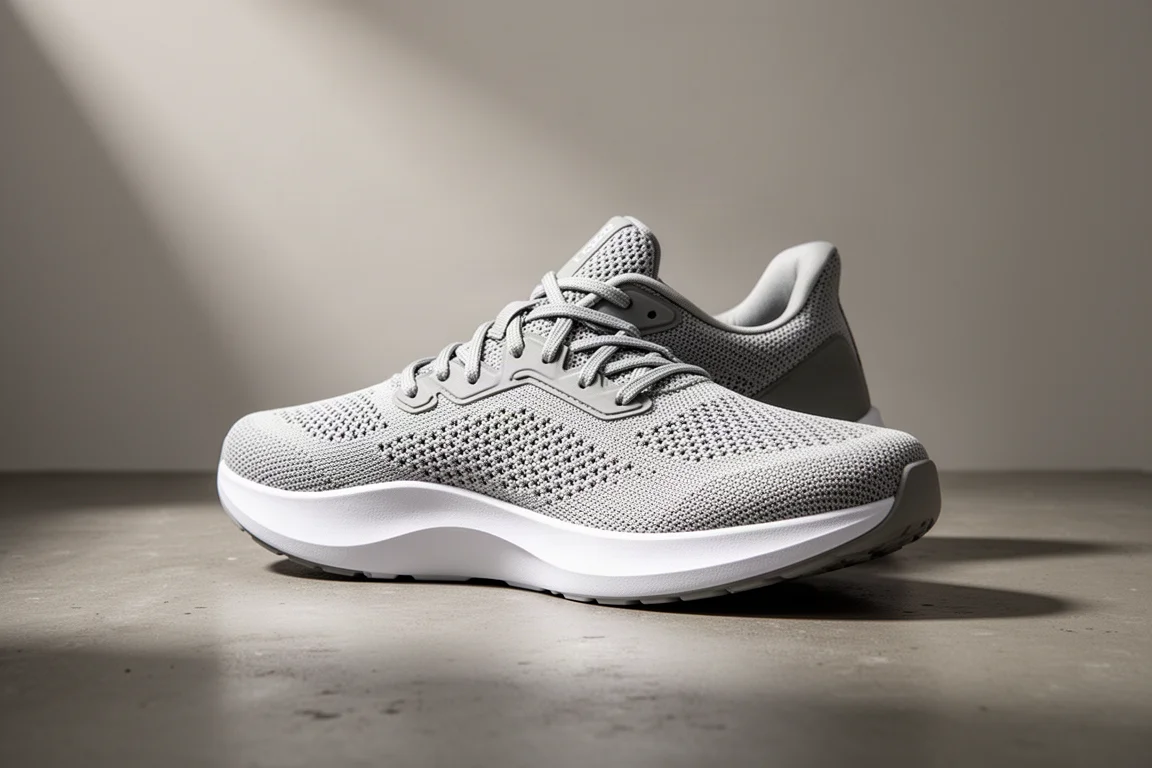 Pair of premium cushioned running shoes on a concrete surface