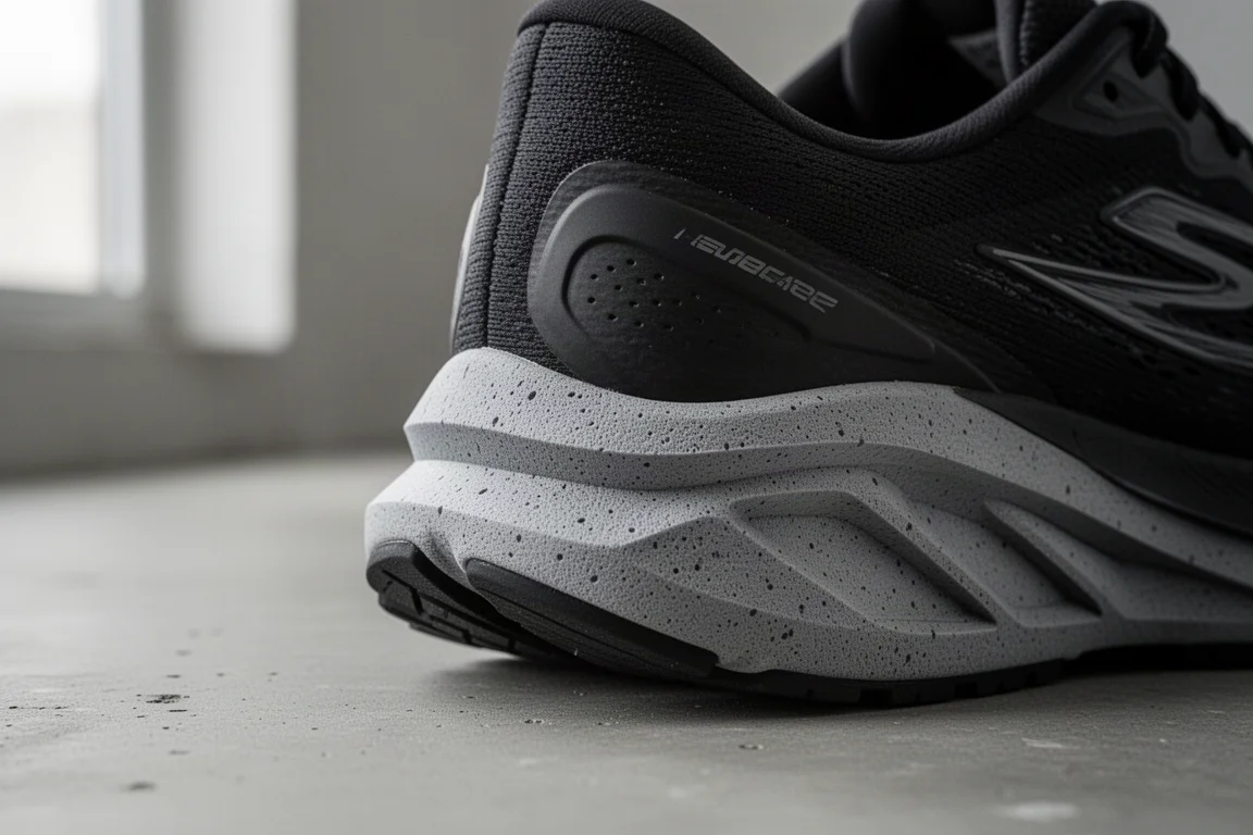 Gros plan d'une semelle intermédiaire épaisse et amortie d'une chaussure de running sur une surface neutre