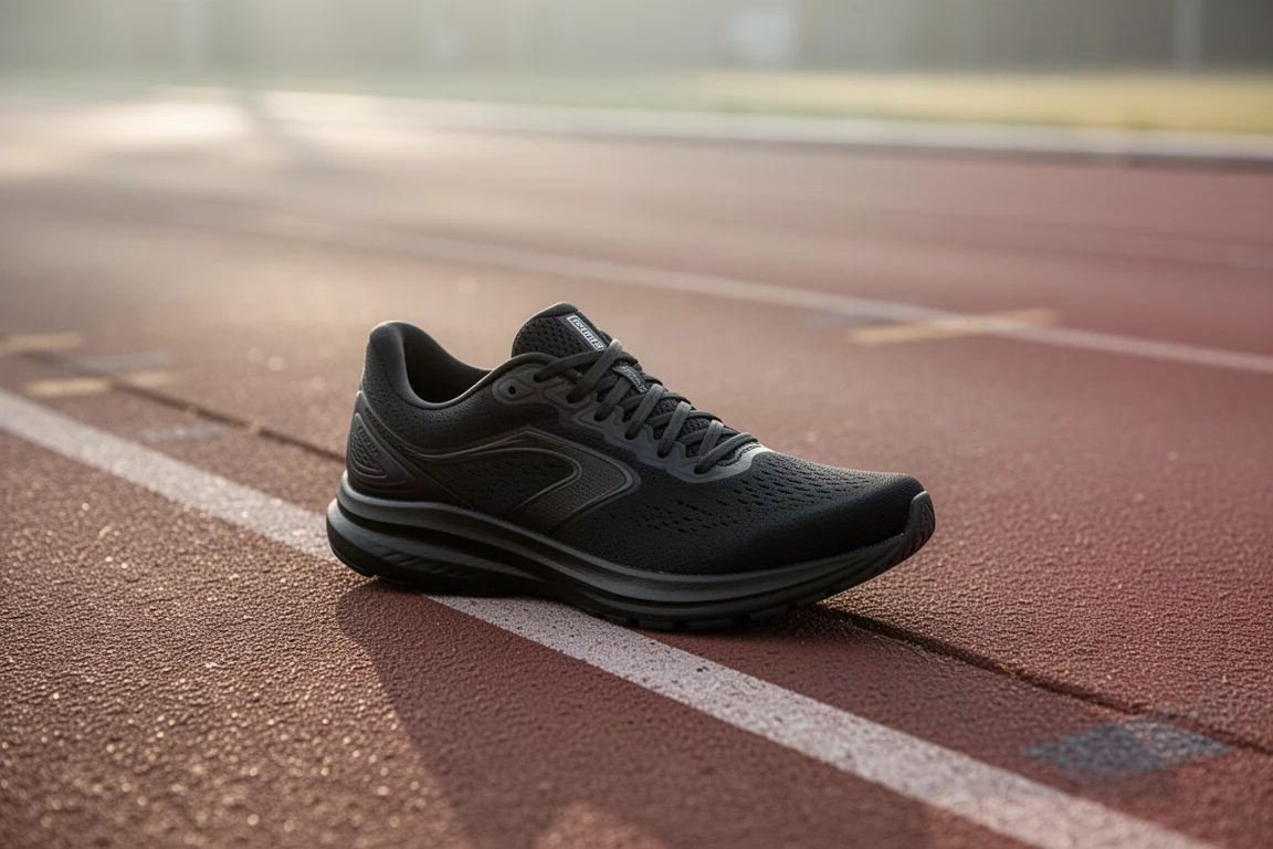 Un coureur s'étire à côté d'une chaussure de running sur une piste, dans une douce lumière matinale