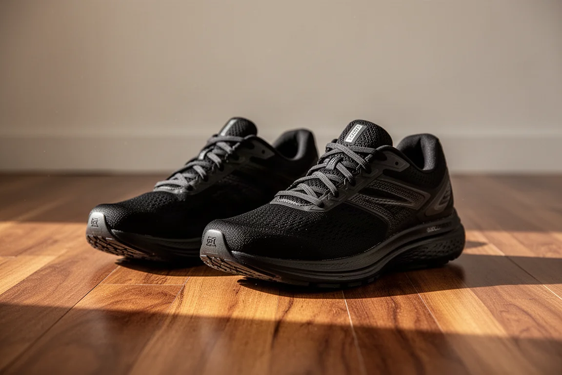 Deux chaussures de running côte à côte sur un parquet après une sortie