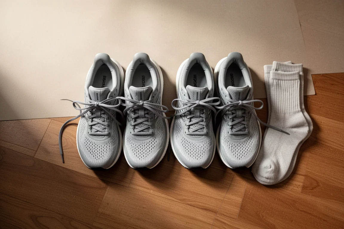 Läufer schnürt zwei Paar gedämpfte Laufschuhe auf einem Holzboden