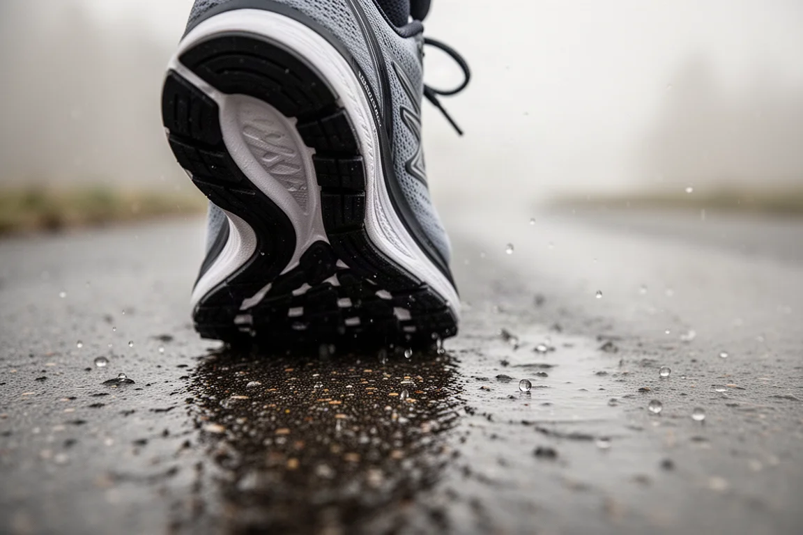Dickes Gummiprofil der Laufschuh-Außensohle, fotografiert auf nassem Asphalt