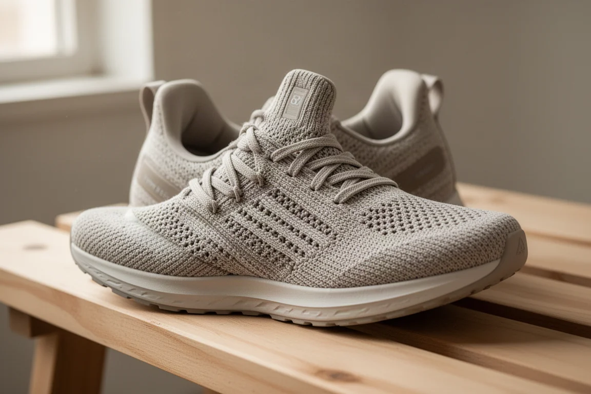 Midsole of a cushioned running shoe compressing on wet tarmac during an easy run