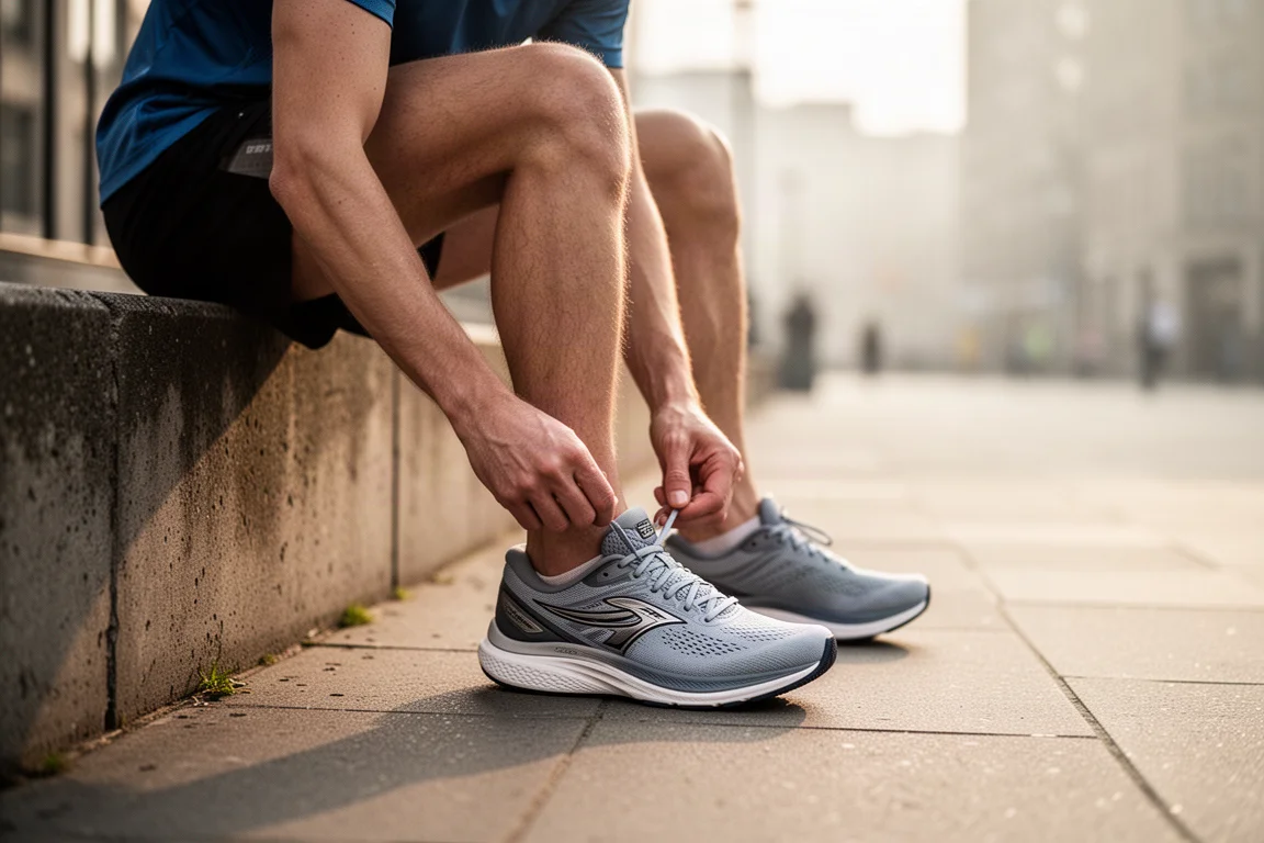 Runner che allaccia scarpe da running ammortizzate su un marciapiede urbano all'alba